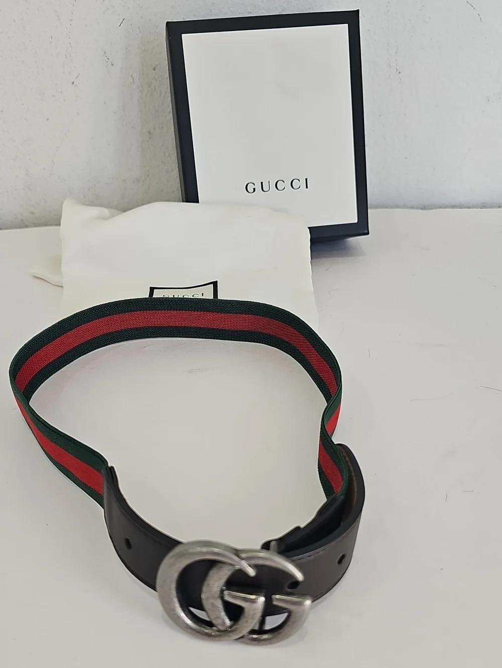 Gucci kids belt GG Logo Red Green Elastic Brown Leather HAENN S . 214452